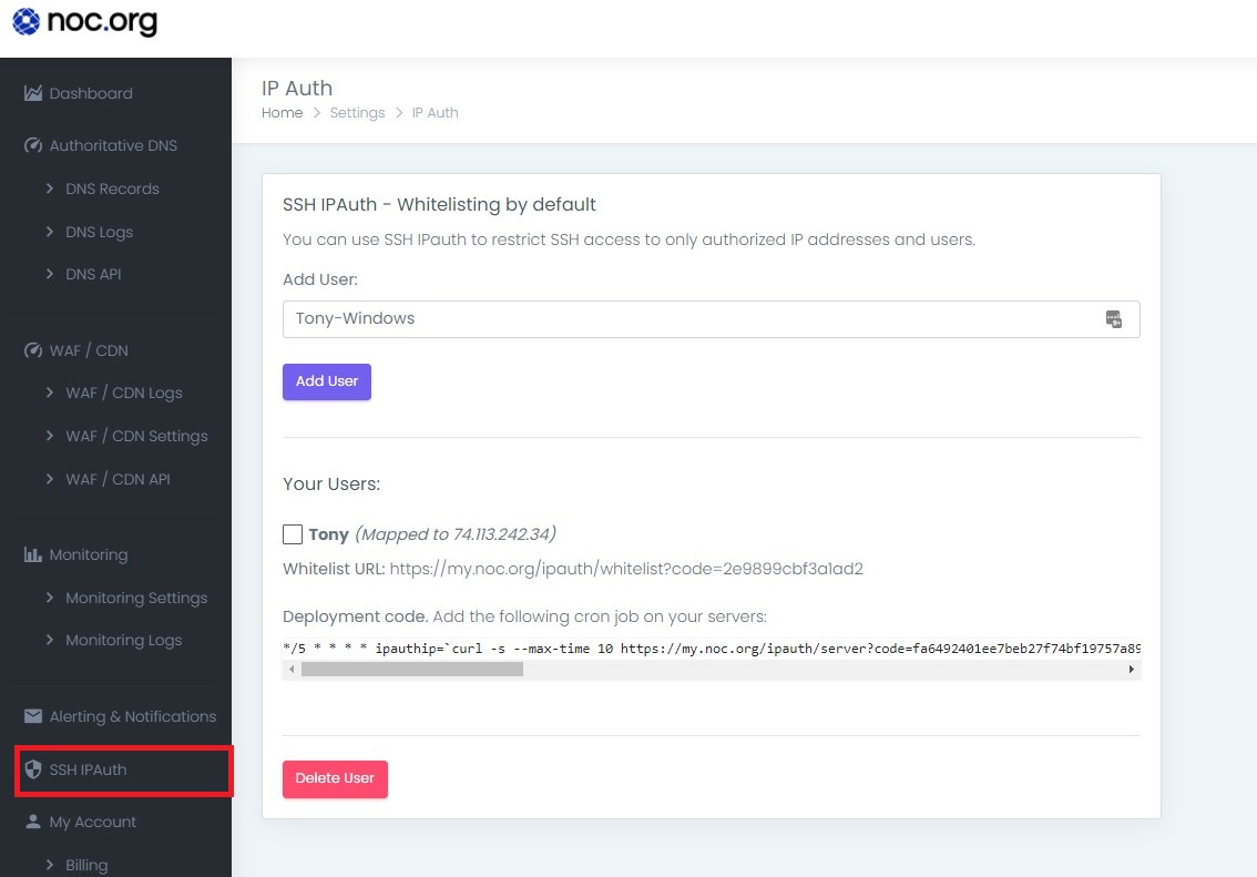 NOC SSH Authenticaiton Settings