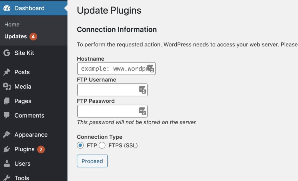 NOC - WordPress FTP Required Page